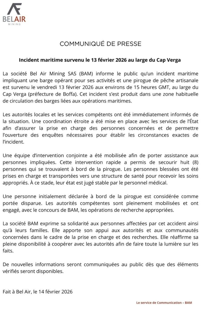 Bel Air Mining communique sur l’incident maritime survenu le 13 février au large du Cap Verga