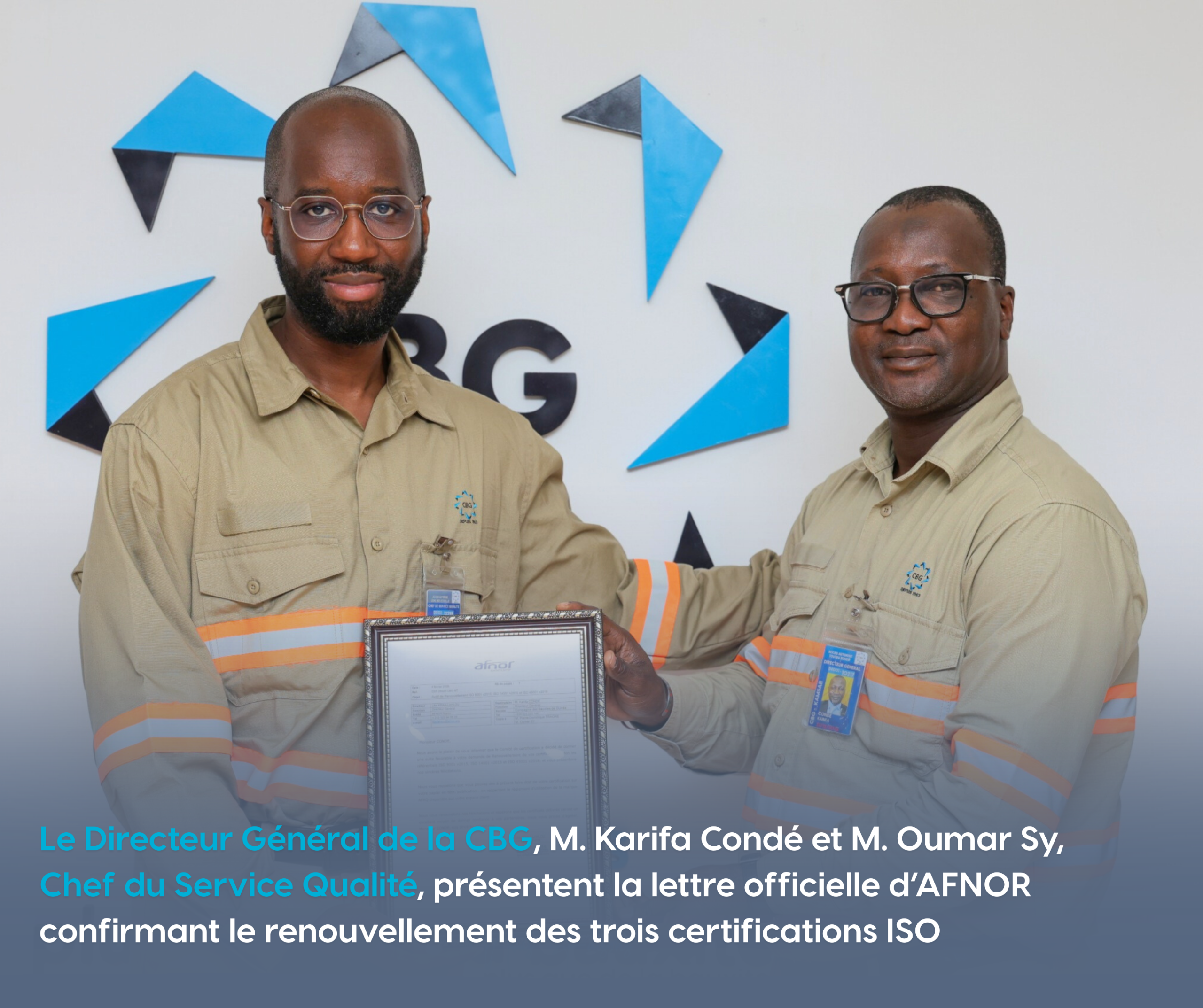 La Compagnie des Bauxites de Guinée (CBG) réaffirme son excellence opérationnelle avec le renouvellement sans faute de ses certifications ISO