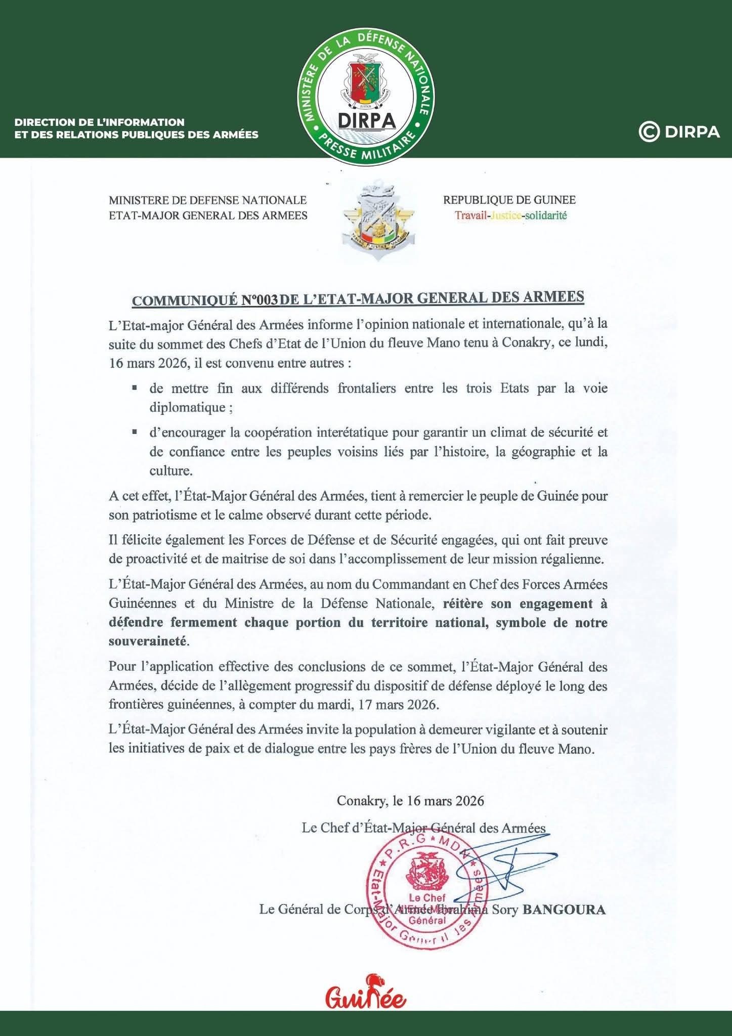 Litiges frontaliers Guinée-Sierra Leone-Libéria : l’armée guinéenne s’incline devant la diplomatie et annonnce un allègement progressif de son dispositif le long des frontières dès ce mardi